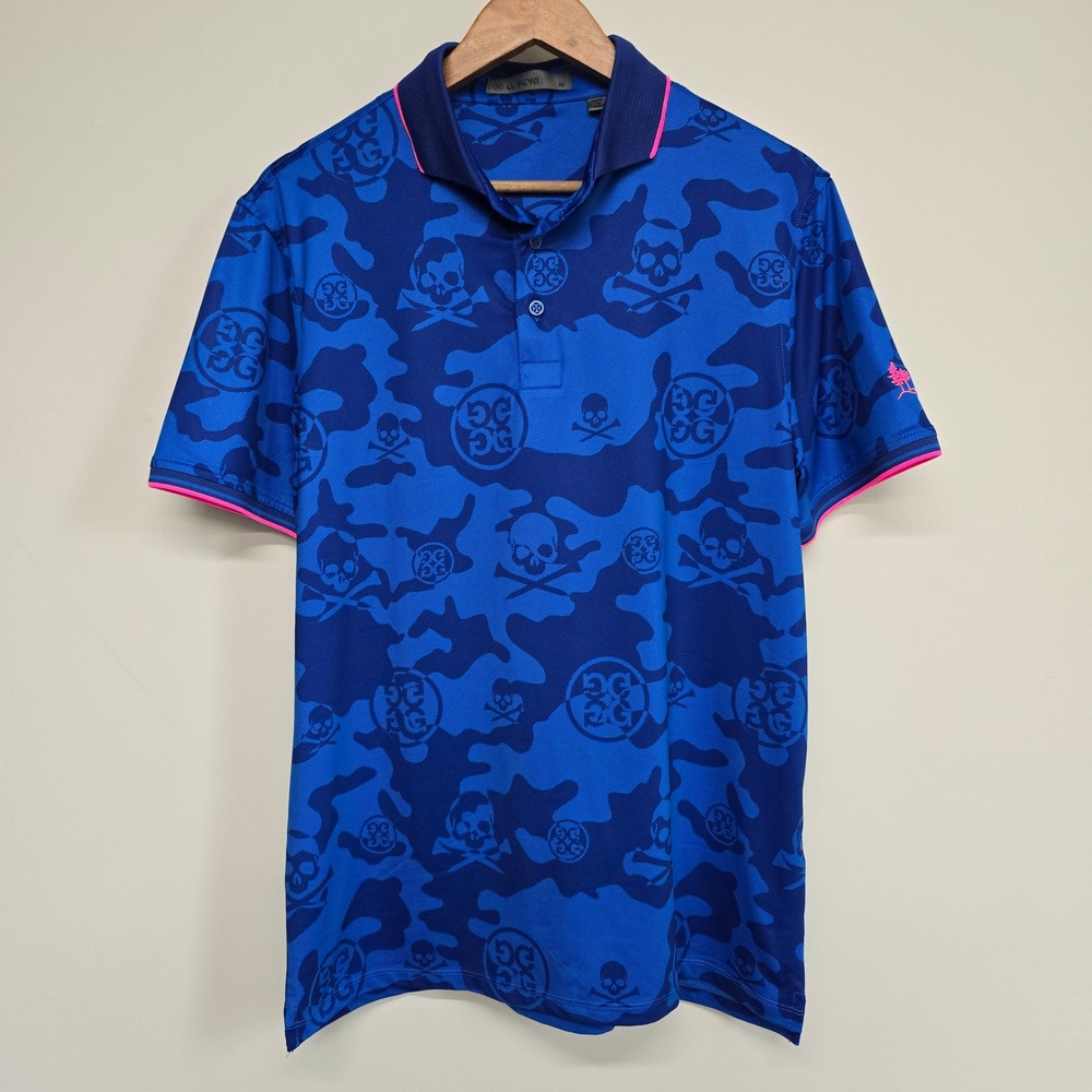G/FORE Exploded Camo Polo Shirt Mens M Blue Skulls Performance Golf Edgy Preppy